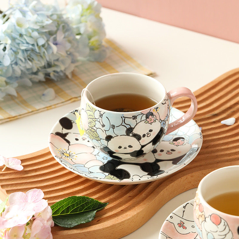 Hand-Painted Ceramic Tea Cup & Saucer (Panda Blue)