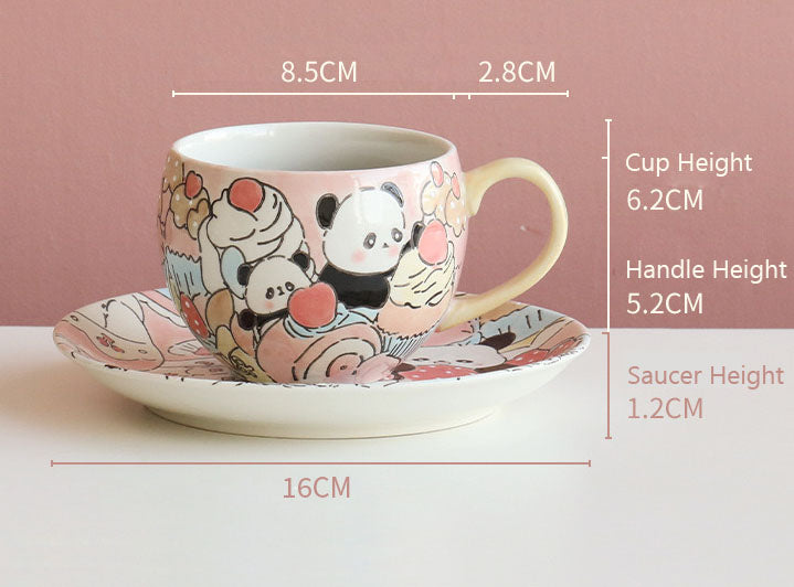 Hand-Painted Ceramic Tea Cup & Saucer (Panda Pink)