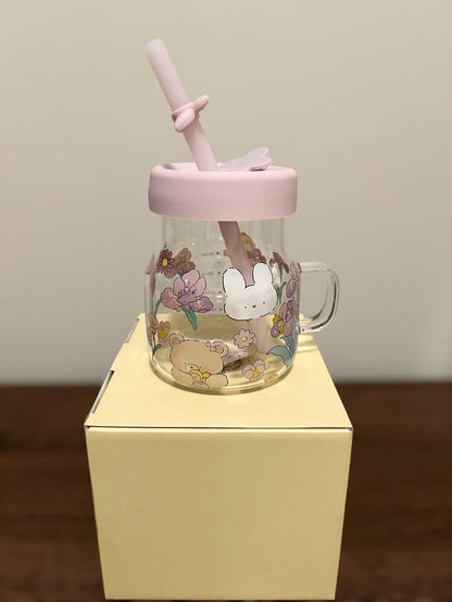 Glass Mug with Straw (Bunny Bear)