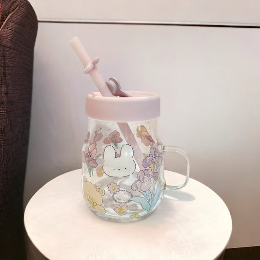 Glass Mug with Straw (Bunny Bear)