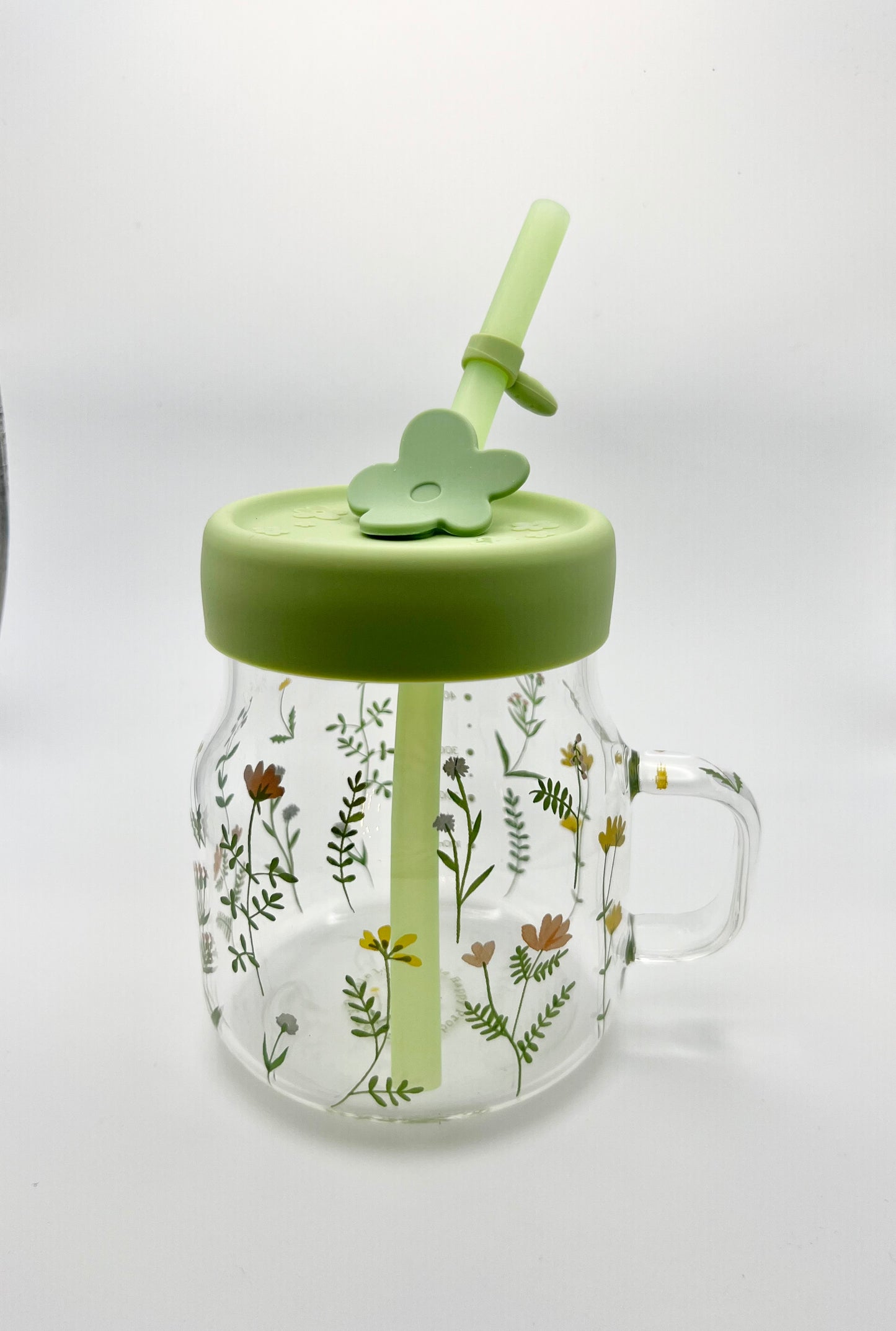 Glass Mug with Straw (Flower Green)