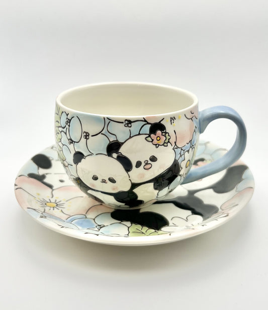 Hand-Painted Ceramic Tea Cup & Saucer (Panda Blue)