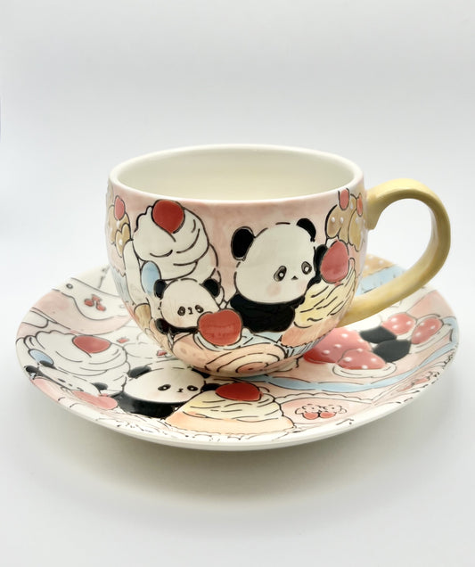 Hand-Painted Ceramic Tea Cup & Saucer (Panda Pink)