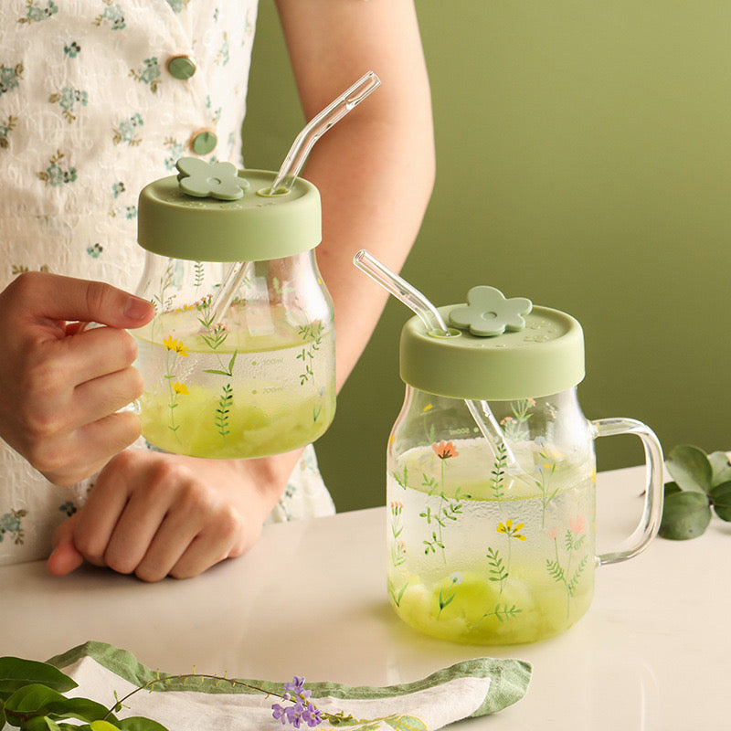 Glass Mug with Straw (Flower Green)