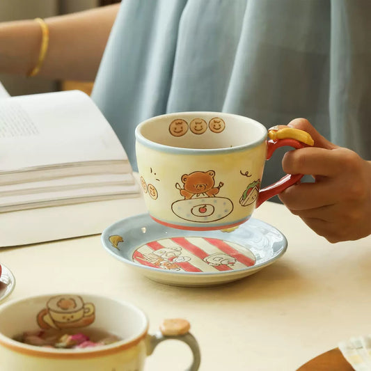 Hand-Painted Ceramic Tea Cup & Saucer (Bear)