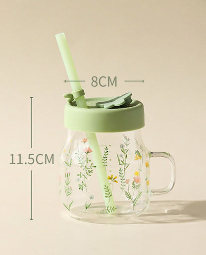 Glass Mug with Straw (Flower Green)