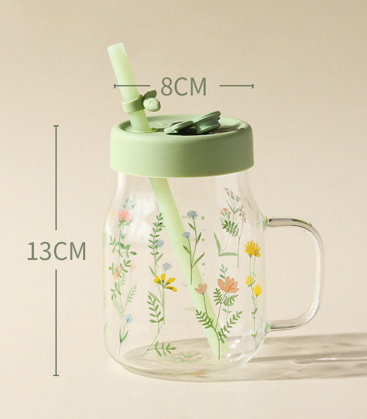 Glass Mug with Straw (Flower Green)